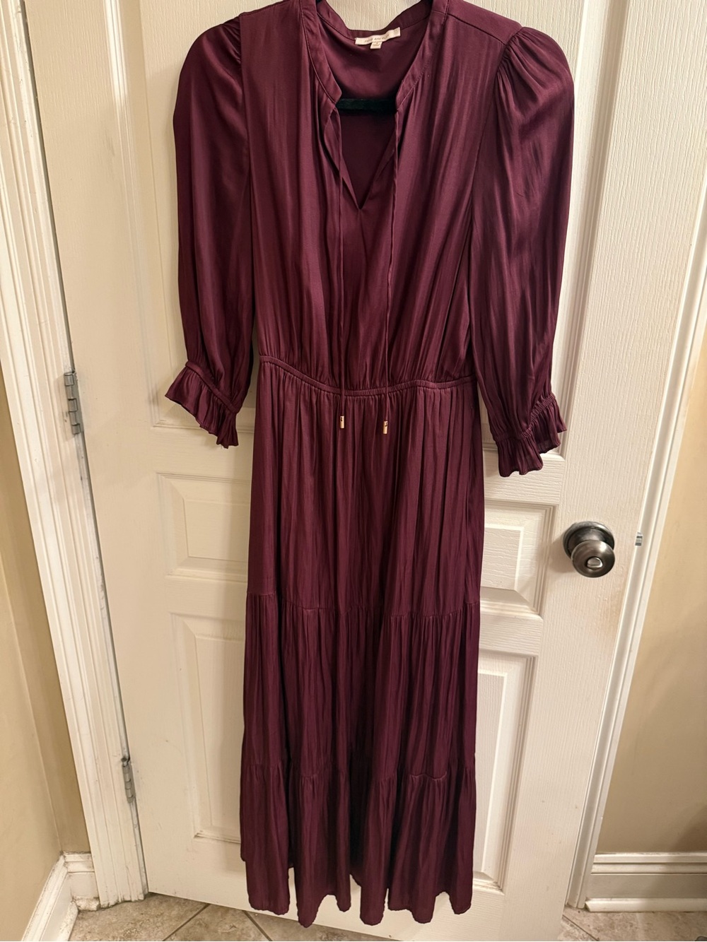 Skies are blue Women's Long Burgundy Tiered Dress with Drawstring Waist